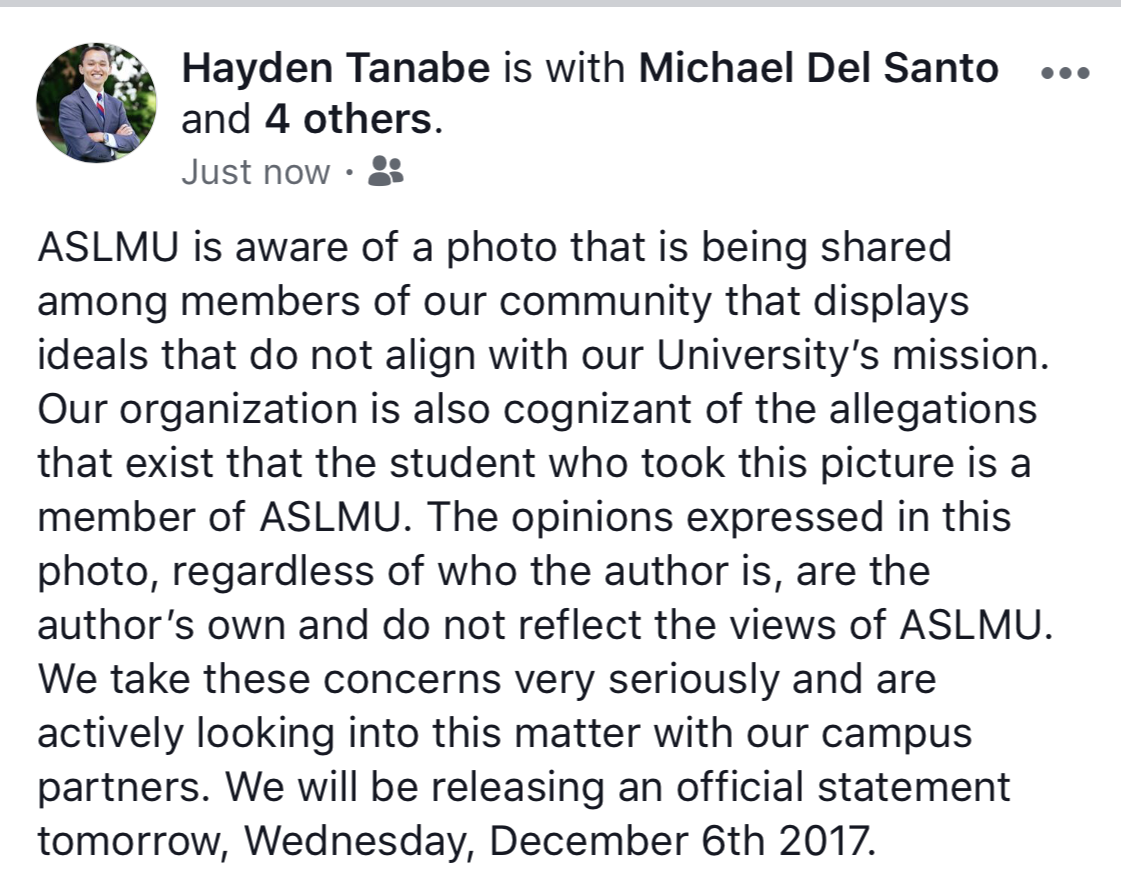 ASLMU President Hayden Tanabe's FB post